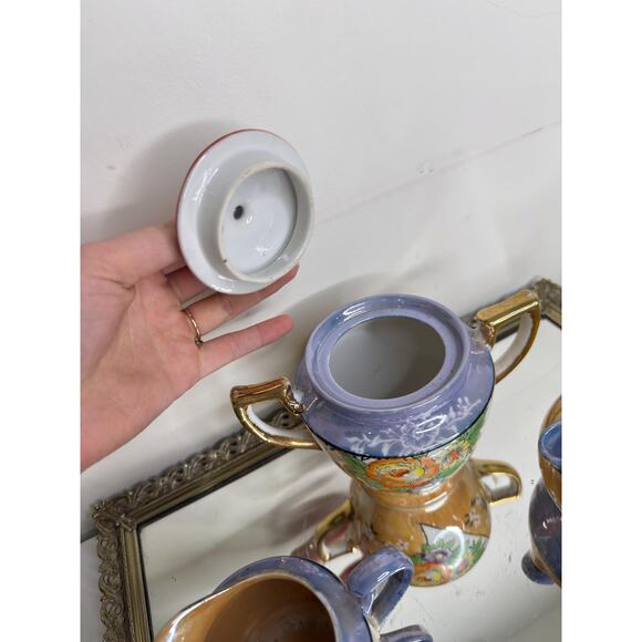 Lusterware Kitchen Set Sugar Creamer Painted Ethnic Asian Japanese Iridescent - Picture 4 of 10